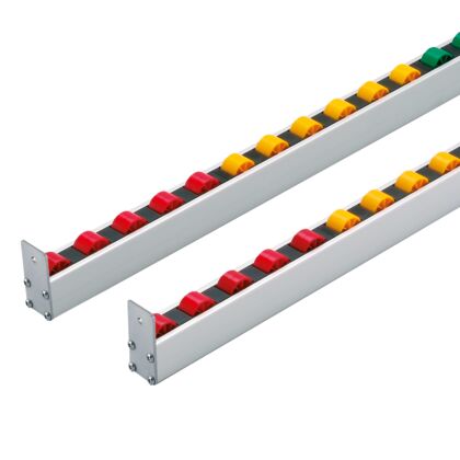 Lean conveyor track with stop plates Conveyor track Lean with stop plate, multi-color rollers
